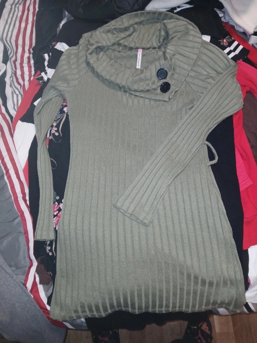 Chris & Carol Olive Green Ribbed Cowl Neck Sweater Dress with Button Detail